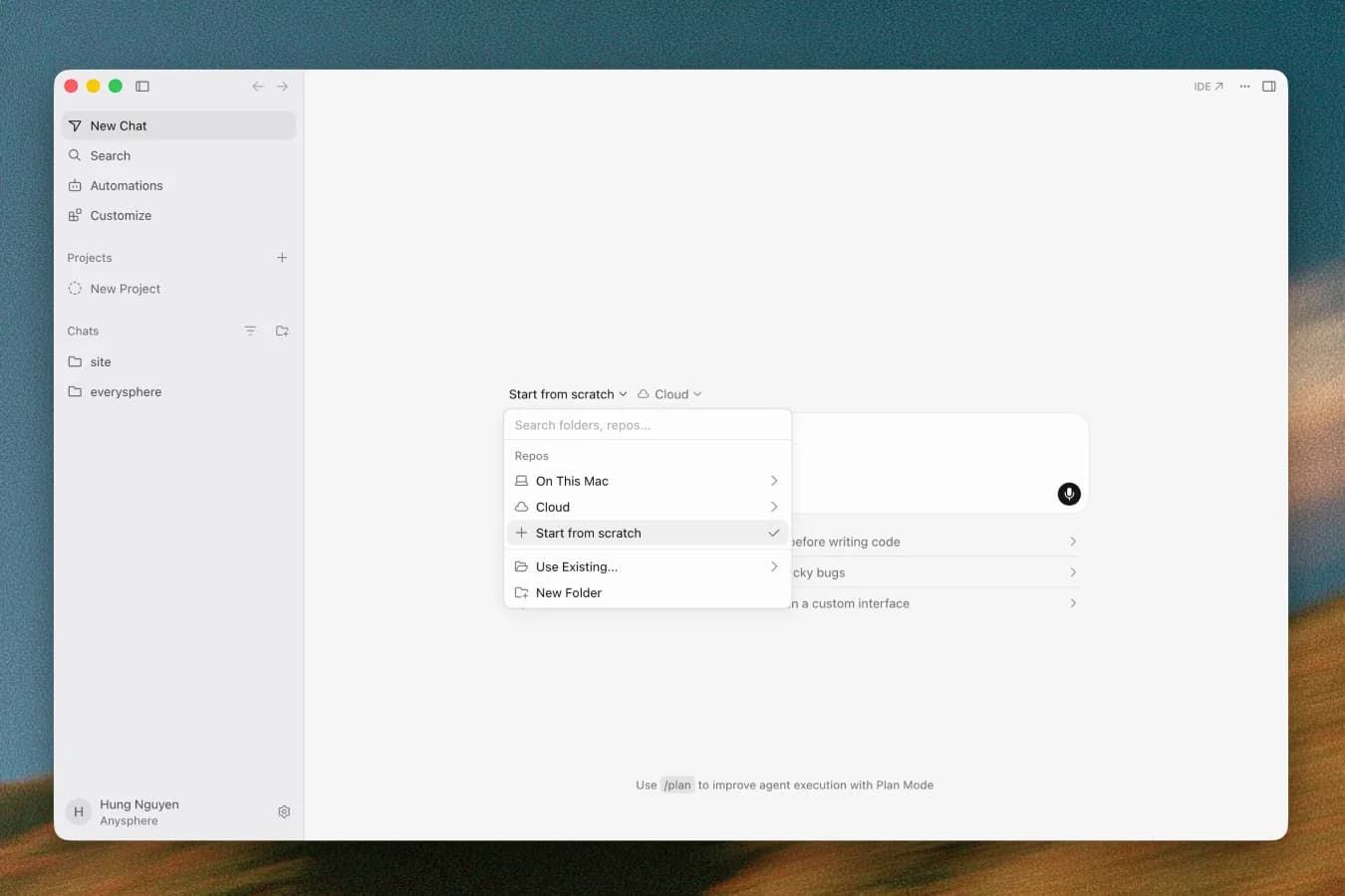 تصویر رسمی تغییرنامه Cursor از صفحه شروع Agents Window با گزینه‌های محلی، ابری و شروع از صفر