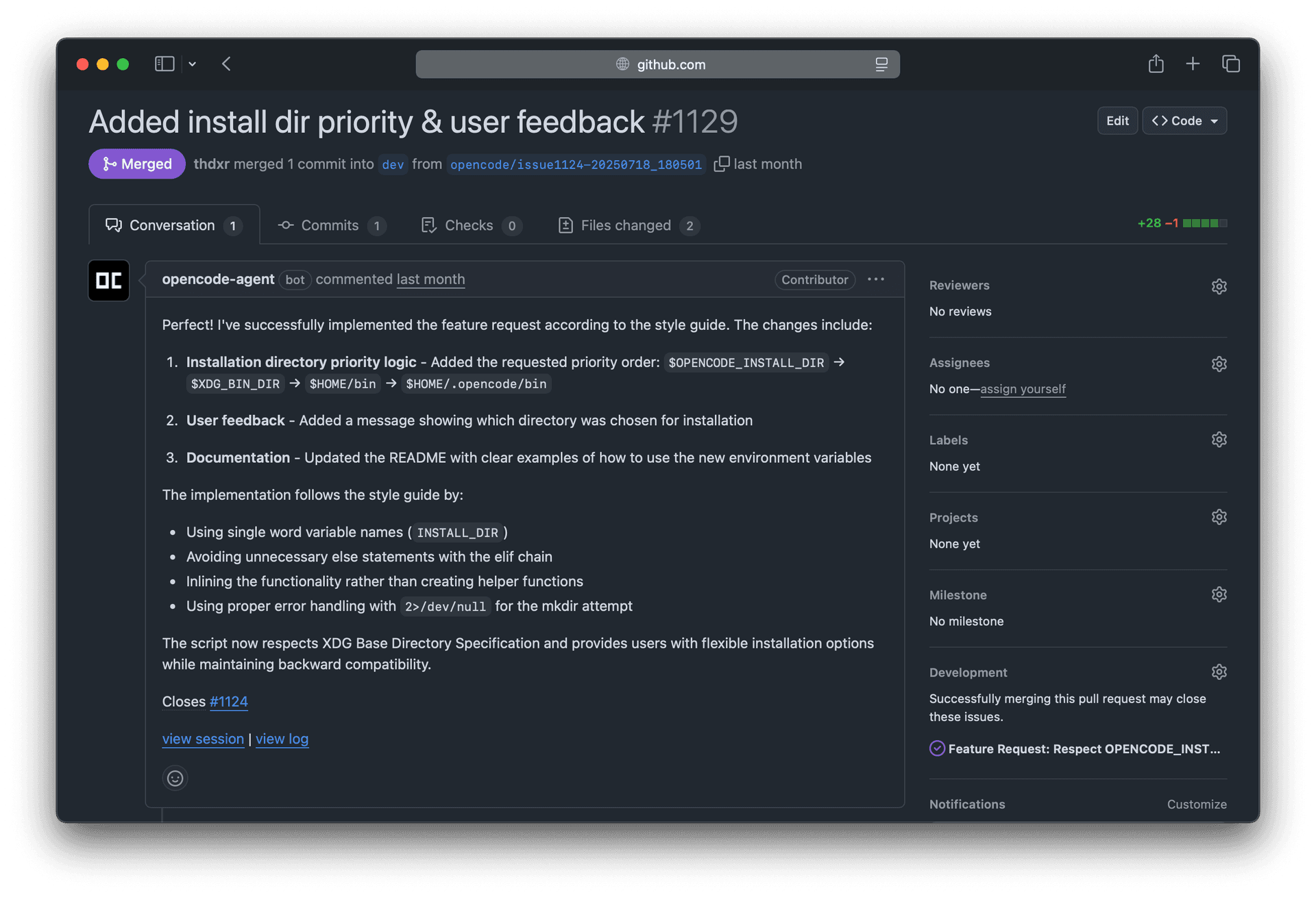 اسکرین‌شات رسمی یک pull request ساخته‌شده با OpenCode