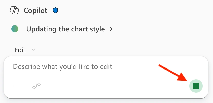 Official Microsoft screenshot of the Stop button in the Copilot input box while Copilot edits a workbook in Microsoft Excel, from Microsoft Support. Used with permission from Microsoft.