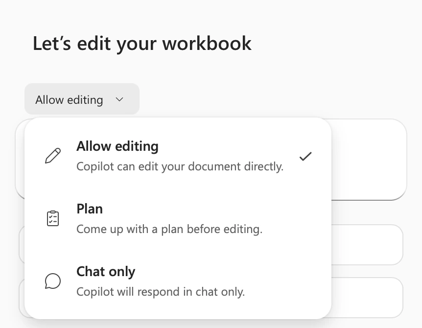 Official Microsoft screenshot of the Copilot mode menu in Microsoft Excel showing Allow editing, Plan and Chat only, from Microsoft Support. Used with permission from Microsoft.