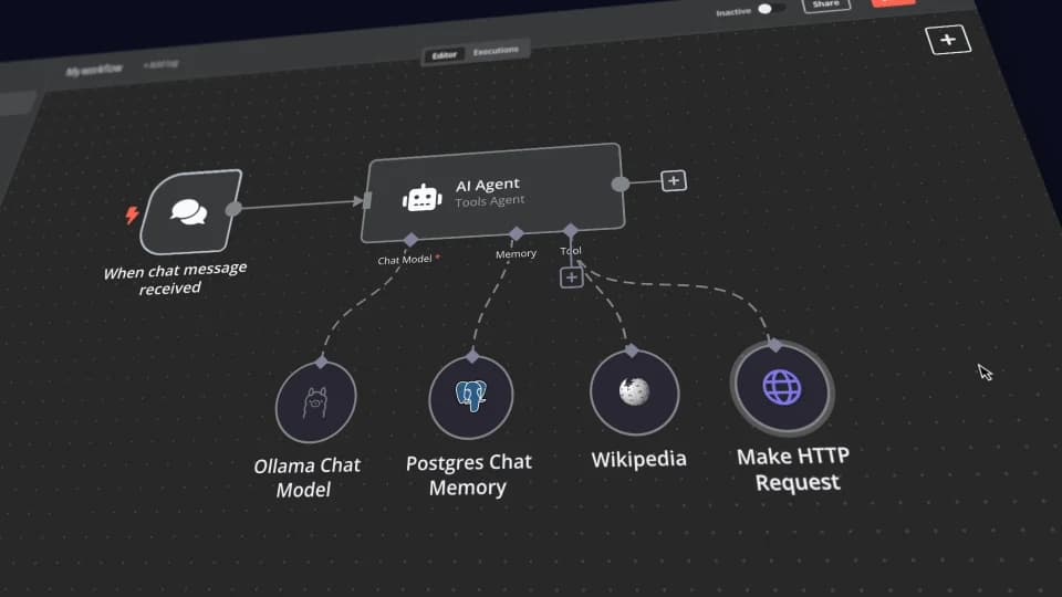 Frame from n8n's official Self-hosted AI Starter Kit video: an AI Agent node wired to the Ollama Chat Model and Postgres Chat Memory; source: the official n8n GitHub repository