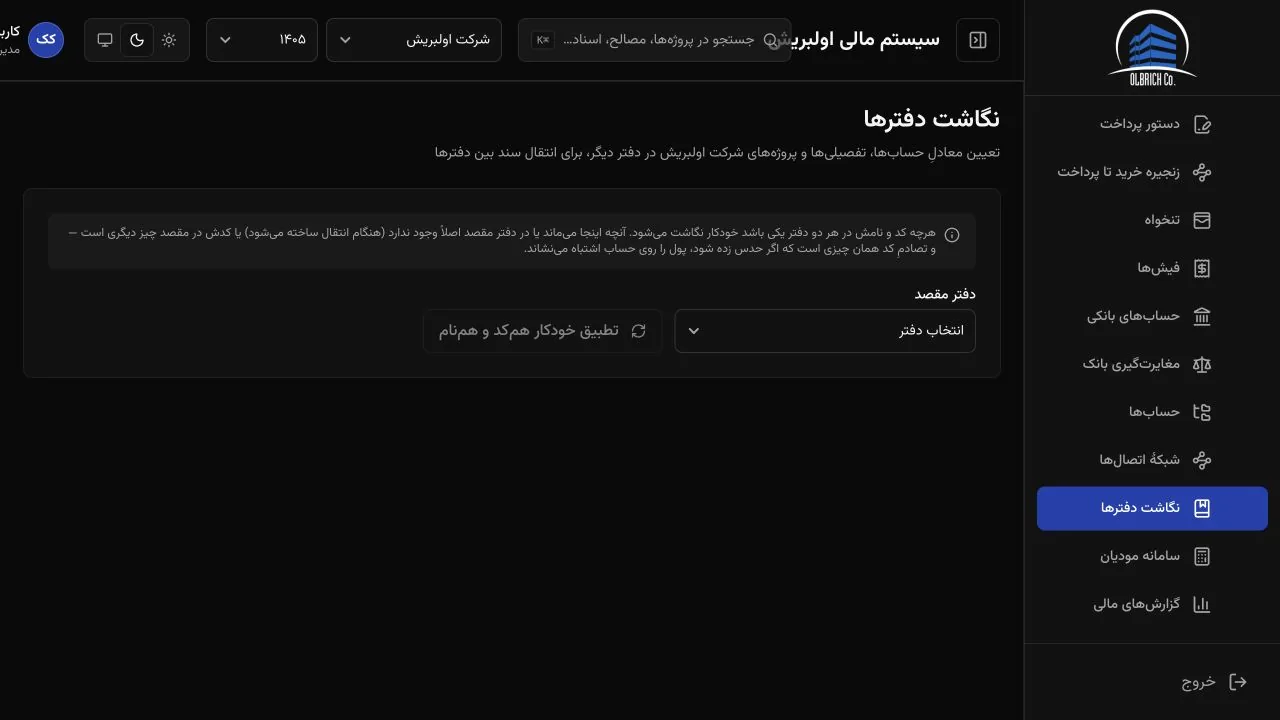 فضای نگاشت دفاتر در مالی اولبریش برای انتقال سند میان شرکت‌ها