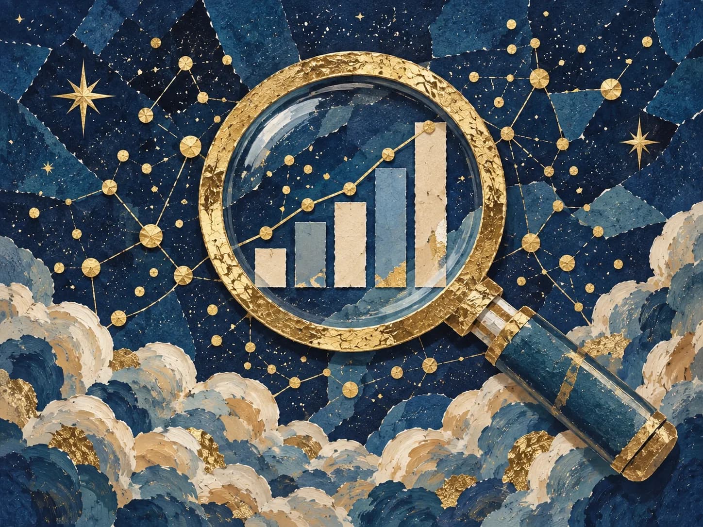 Gold magnifying glass revealing a structured chart among scattered data points