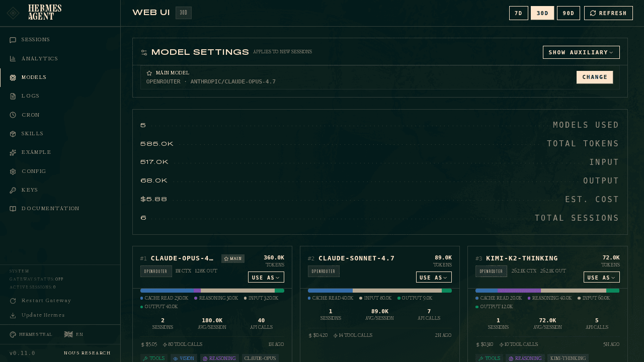 Official Hermes model configuration screen
