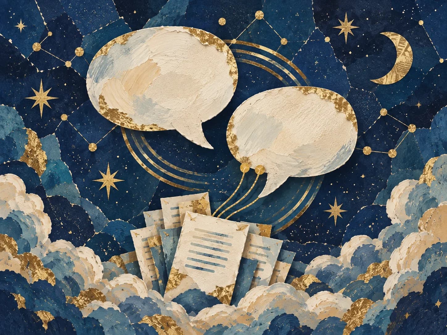 Navy and gold paper collage of conversation bubbles connected to source documents